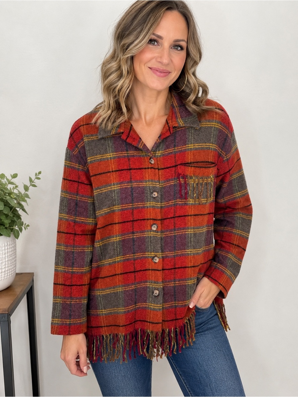 Vintage 3131 Plaid Fringe Shacket Jacket Size Large Boho Fall